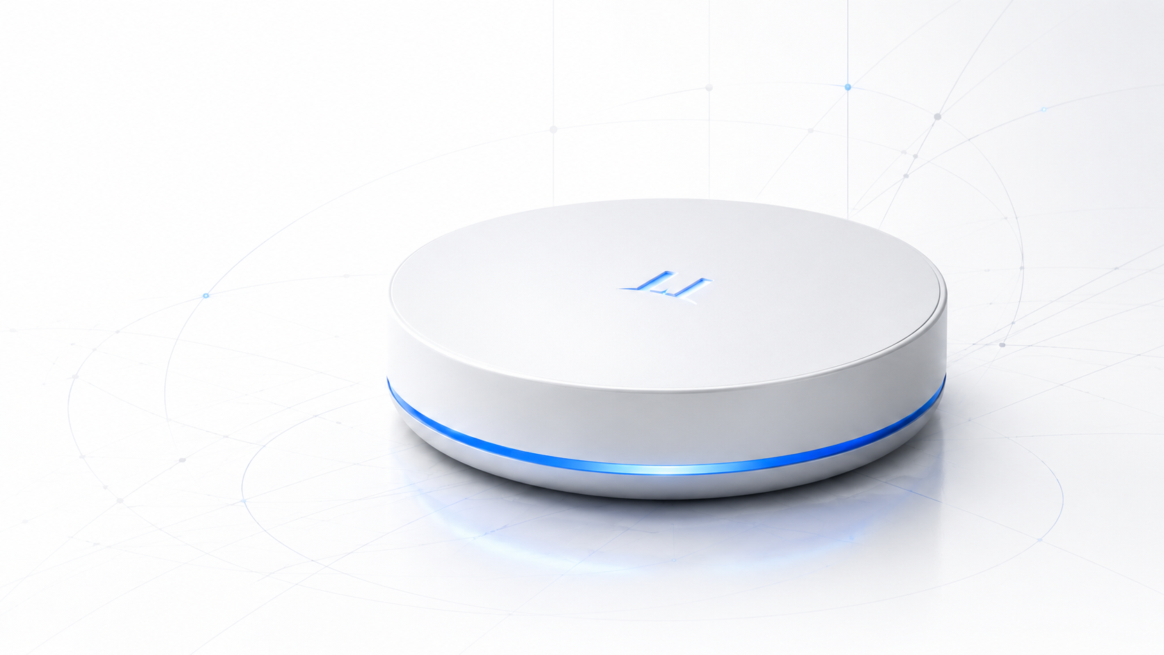 Nyra Home — white puck device with a restrained blue light ring